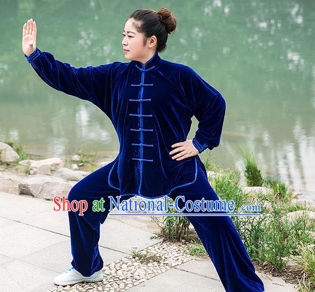 Traditional Chinese Top Pleuche Kung Fu Costume Martial Arts Kung Fu Training Royalblue Plated Buttons Uniform, Tang Suit Gongfu Shaolin Wushu Clothing, Tai Chi Taiji Teacher Suits Uniforms for Women