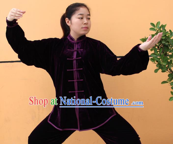 Traditional Chinese Top Pleuche Kung Fu Costume Martial Arts Kung Fu Training Purple Uniform, Tang Suit Gongfu Shaolin Wushu Clothing, Tai Chi Taiji Teacher Suits Uniforms for Women