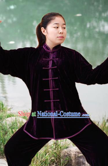 Traditional Chinese Top Pleuche Kung Fu Costume Martial Arts Kung Fu Training Black Plated Buttons Uniform, Tang Suit Gongfu Shaolin Wushu Clothing, Tai Chi Taiji Teacher Suits Uniforms for Women