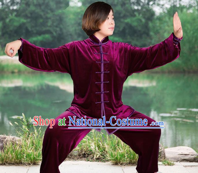 Traditional Chinese Top Pleuche Kung Fu Costume Martial Arts Kung Fu Training Purple Plated Buttons Uniform, Tang Suit Gongfu Shaolin Wushu Clothing, Tai Chi Taiji Teacher Suits Uniforms for Women