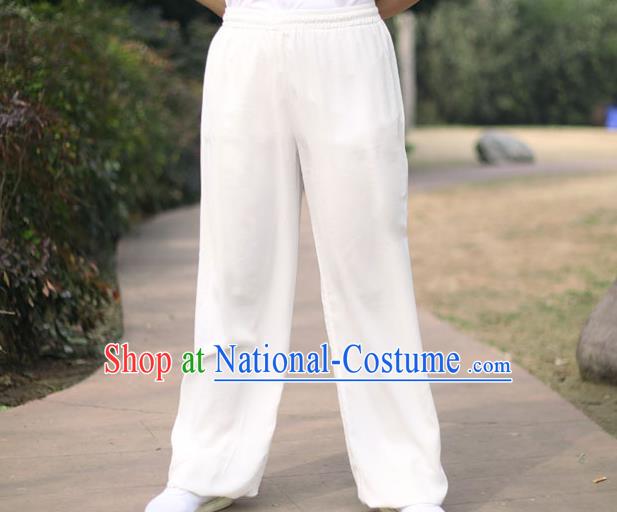 Traditional Chinese Top Linen Kung Fu Costume Martial Arts Kung Fu Training White Pants, Tang Suit Gongfu Shaolin Wushu Clothing Tai Chi Taiji Teacher Trousers for Men