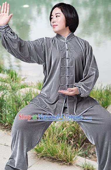 Traditional Chinese Top Pleuche Kung Fu Costume Martial Arts Kung Fu Training Grey Plated Buttons Uniform, Tang Suit Gongfu Shaolin Wushu Clothing, Tai Chi Taiji Teacher Suits Uniforms for Women