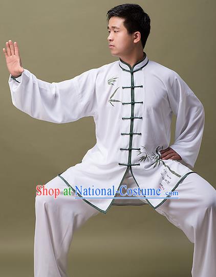 Traditional Chinese Top Linen Kung Fu Costume Martial Arts Kung Fu Training Plated Buttons White Printing Bamboo Uniform, Tang Suit Gongfu Shaolin Wushu Clothing, Tai Chi Taiji Teacher Suits Uniforms for Men