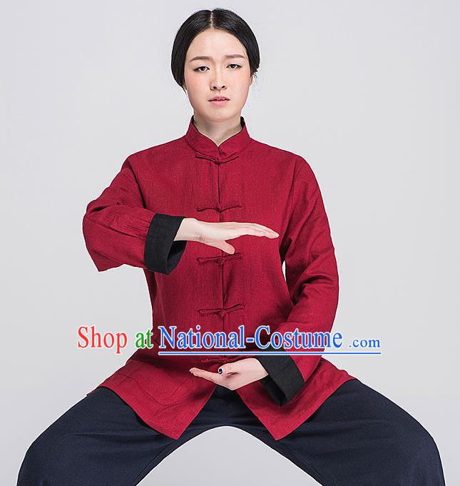 Traditional Chinese Top Linen Kung Fu Costume Martial Arts Kung Fu Training Plated Buttons Red Blouse, Tang Suit Gongfu Shaolin Wushu Clothing, Tai Chi Taiji Teacher Coat for Women