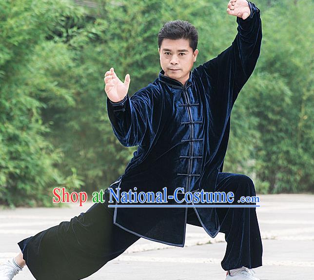 Traditional Chinese Top Pleuche Kung Fu Costume Martial Arts Kung Fu Training Royalblue Plated Buttons Uniform, Tang Suit Gongfu Shaolin Wushu Clothing, Tai Chi Taiji Teacher Suits Uniforms for Men