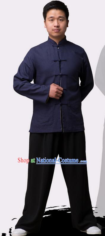 Traditional Chinese Top Linen Kung Fu Costume Martial Arts Kung Fu Training Plated Buttons Navy Blouse, Tang Suit Gongfu Shaolin Wushu Clothing, Tai Chi Taiji Teacher Coat for Men