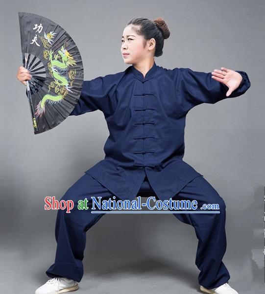 Traditional Chinese Top Flax Kung Fu Costume Martial Arts Kung Fu Training Navy Uniform, Tang Suit Gongfu Shaolin Wushu Clothing, Tai Chi Taiji Teacher Suits Uniforms for Women