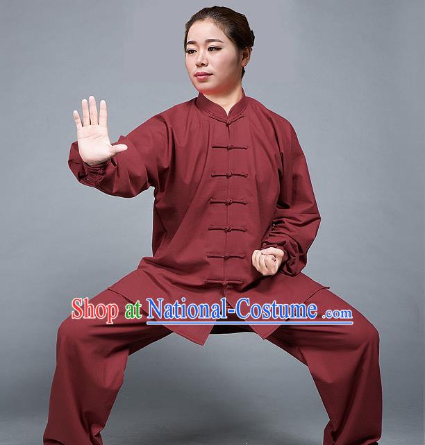 Traditional Chinese Top Flax Kung Fu Costume Martial Arts Kung Fu Training Red Uniform, Tang Suit Gongfu Shaolin Wushu Clothing, Tai Chi Taiji Teacher Suits Uniforms for Women