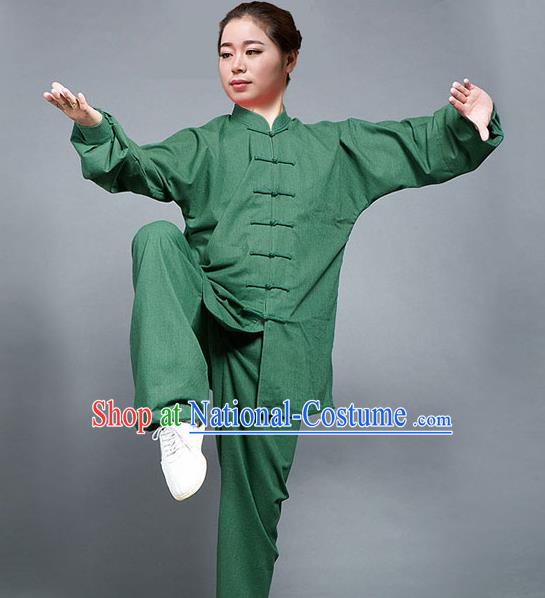 Traditional Chinese Top Flax Kung Fu Costume Martial Arts Kung Fu Training Green Uniform, Tang Suit Gongfu Shaolin Wushu Clothing, Tai Chi Taiji Teacher Suits Uniforms for Women