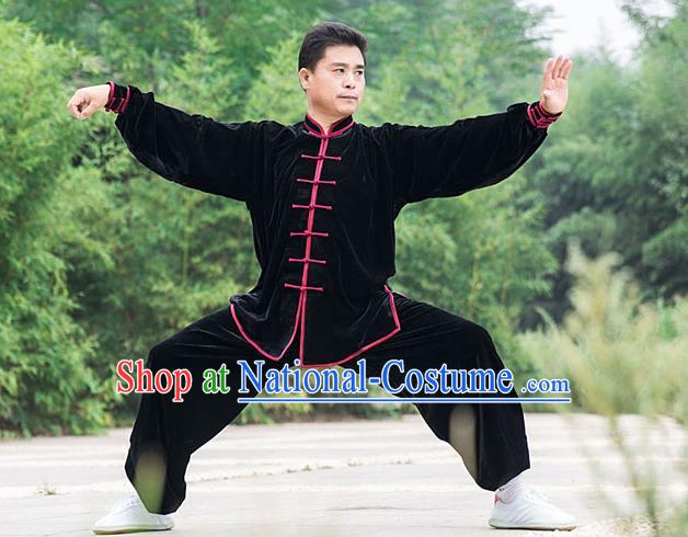 Traditional Chinese Top Pleuche Kung Fu Costume Martial Arts Kung Fu Training Black Plated Buttons Uniform, Tang Suit Gongfu Shaolin Wushu Clothing, Tai Chi Taiji Teacher Suits Uniforms for Men