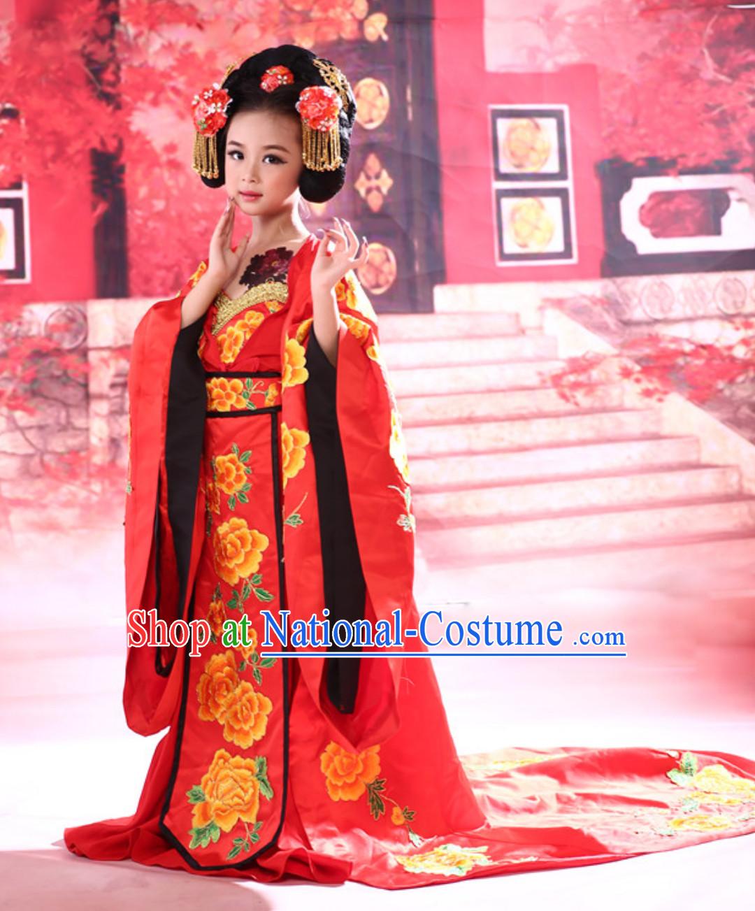 Chinese Ancient Princess Costumes and Hair Decorations Complete Set for Kids Girls Youth