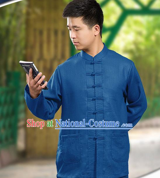 Traditional Chinese Top Linen Kung Fu Costume Martial Arts Kung Fu Training Long Sleeve Blue Uniform, Tang Suit Gongfu Shaolin Wushu Clothing, Tai Chi Taiji Teacher Suits Uniforms for Men