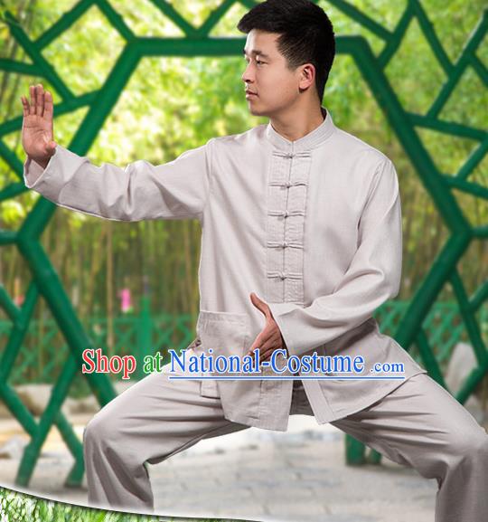 Traditional Chinese Top Linen Kung Fu Costume Martial Arts Kung Fu Training Long Sleeve Grey Uniform, Tang Suit Gongfu Shaolin Wushu Clothing, Tai Chi Taiji Teacher Suits Uniforms for Men