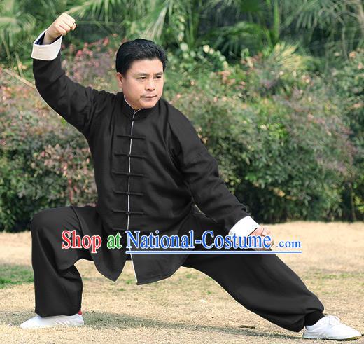 Traditional Chinese Top Linen Kung Fu Costume Martial Arts Kung Fu Training Roll Sleeve Black Uniform, Tang Suit Gongfu Shaolin Wushu Clothing, Tai Chi Taiji Teacher Suits Uniforms for Men