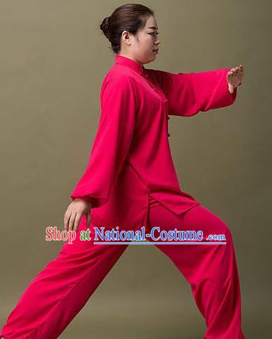 Traditional Chinese Top Silk Cotton Kung Fu Costume Martial Arts Kung Fu Training Colorful Plated Buttons Rose Red Uniform, Tang Suit Gongfu Shaolin Wushu Clothing, Tai Chi Taiji Teacher Suits Uniforms for Women