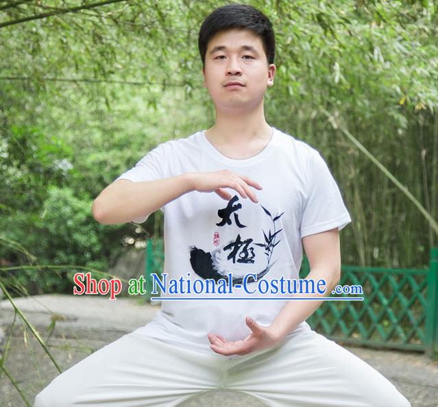 Traditional Chinese Top Silk Cotton Kung Fu Costume Martial Arts Kung Fu Training T-Shirt, Tang Suit Gongfu Shaolin Wushu Clothing, Tai Chi Taiji Teacher T-shirts for Men