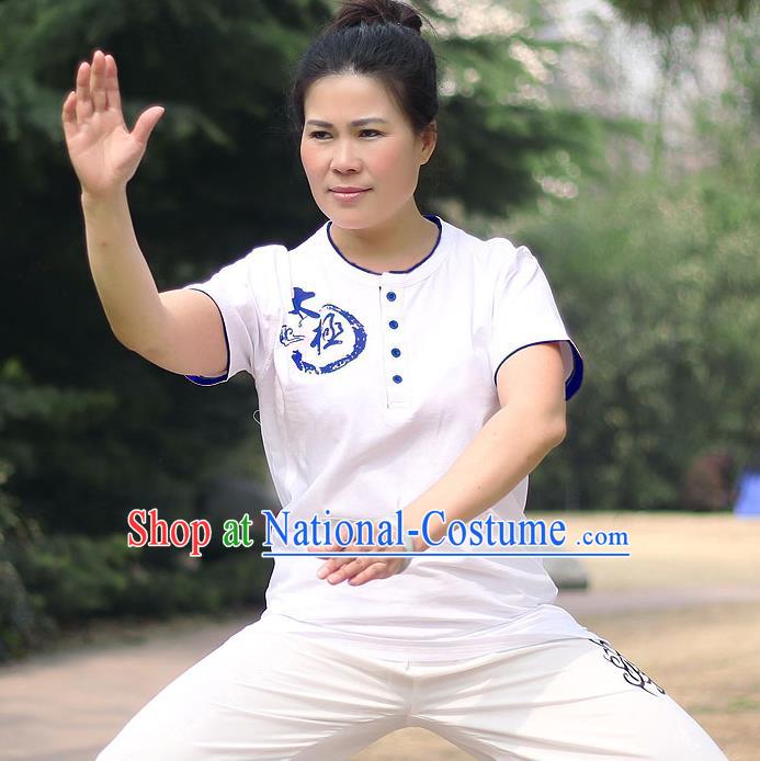 Traditional Chinese Top Cotton Kung Fu Costume Martial Arts Kung Fu Training Short Sleeve Blue Print T-Shirt, Tang Suit Gongfu Shaolin Wushu Clothing, Tai Chi Taiji Teacher T-shirts for Women