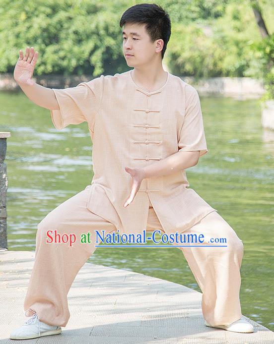 Traditional Chinese Top Linen Kung Fu Costume Martial Arts Kung Fu Training Plated Buttons Short Sleeve Wheat Uniform, Tang Suit Gongfu Shaolin Wushu Clothing, Tai Chi Taiji Teacher Suits Uniforms for Men