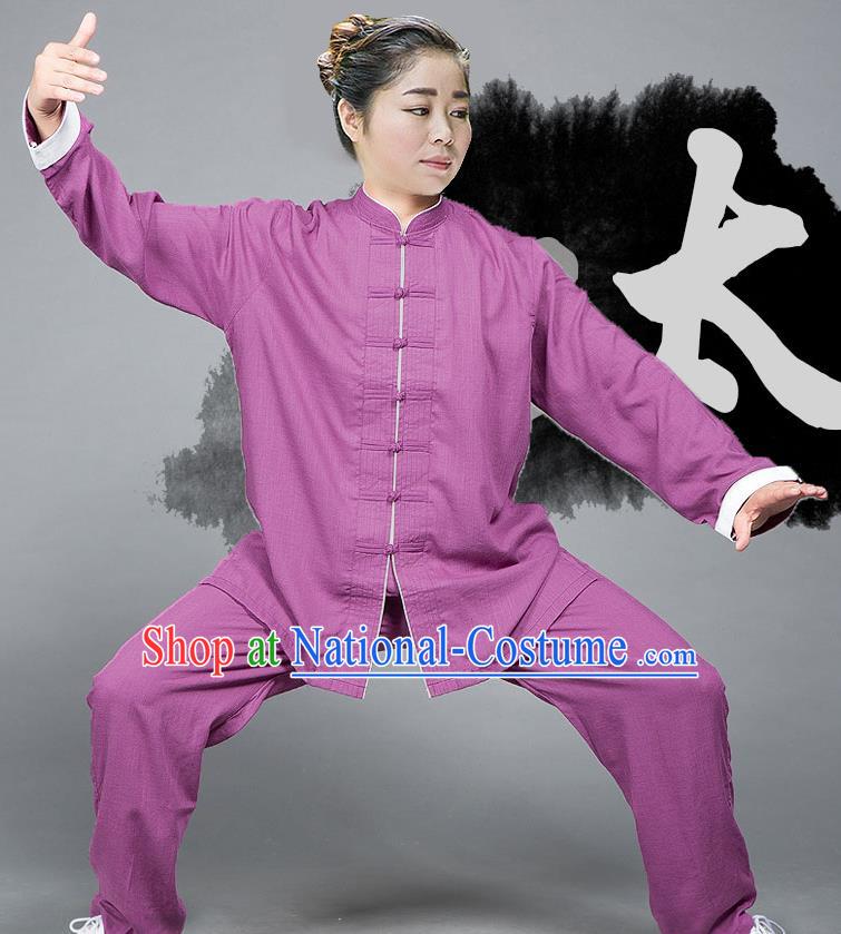 Traditional Chinese Top Linen Kung Fu Costume Martial Arts Kung Fu Training Plated Buttons Roll Sleeve Pink Uniform, Tang Suit Gongfu Shaolin Wushu Clothing, Tai Chi Taiji Teacher Suits Uniforms for Women