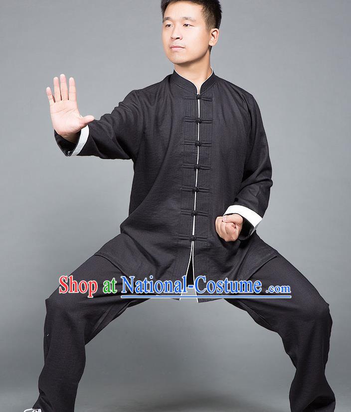 Traditional Chinese Top Linen Kung Fu Costume Martial Arts Kung Fu Training Plated Buttons Roll Sleeve Black Uniform, Tang Suit Gongfu Shaolin Wushu Clothing, Tai Chi Taiji Teacher Suits Uniforms for Men