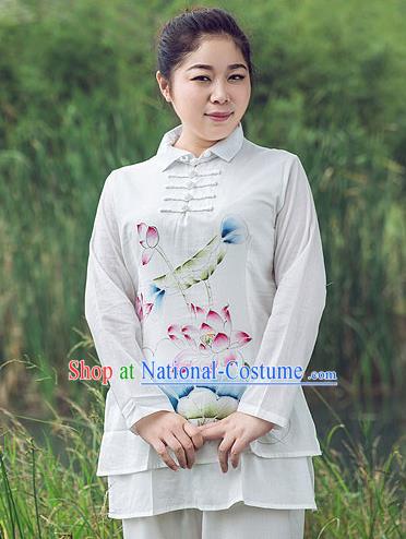 Traditional Chinese Top Linen Kung Fu Costume Martial Arts Kung Fu Training Plated Buttons Freehand Sketching Lotus Uniform, Tang Suit Gongfu Shaolin Wushu Clothing, Tai Chi Taiji Teacher Suits Uniforms for Women