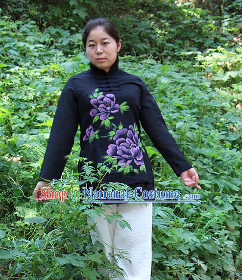 Traditional Chinese Top Linen Kung Fu Costume Martial Arts Kung Fu Training Front Opening Plated Buttons Freehand Sketching Peony Black Uniform, Tang Suit Gongfu Shaolin Wushu Clothing, Tai Chi Taiji Teacher Suits Uniforms for Women