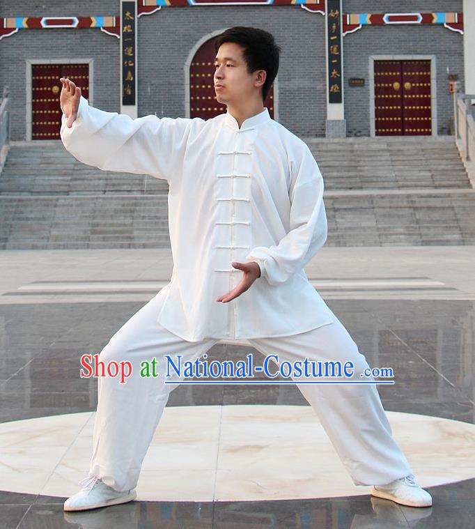 Traditional Chinese Top Linen Kung Fu Costume Martial Arts Kung Fu Training White Uniform, Tang Suit Gongfu Shaolin Wushu Clothing, Tai Chi Taiji Teacher Suits Uniforms for Men