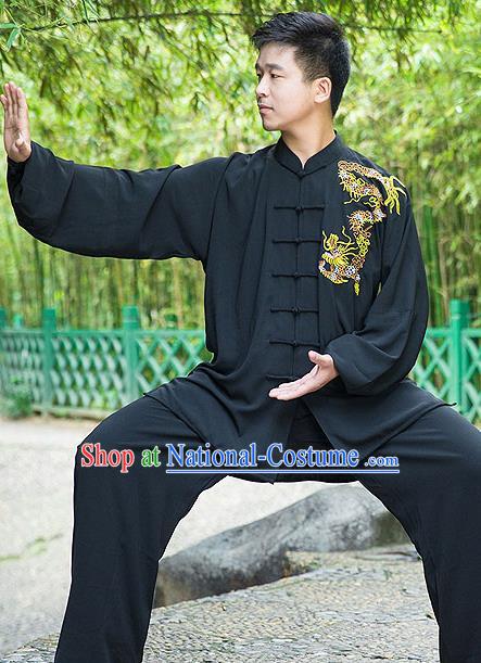 Traditional Chinese Top Linen Kung Fu Costume Martial Arts Kung Fu Training Embroidery Gragon Black Uniform, Tang Suit Gongfu Shaolin Wushu Clothing, Tai Chi Taiji Teacher Suits Uniforms for Men