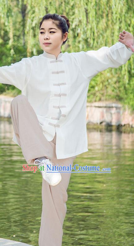 Traditional Chinese Top Linen Kung Fu Costume Martial Arts Kung Fu Training White Uniform, Tang Suit Gongfu Shaolin Wushu Clothing, Tai Chi Taiji Teacher Suits Uniforms for Women