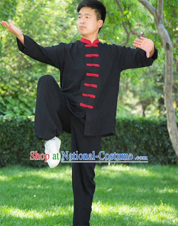 Traditional Chinese Top Linen Kung Fu Costume Martial Arts Kung Fu Training Red Plated Buttons Black Uniform, Tang Suit Gongfu Shaolin Wushu Clothing, Tai Chi Taiji Teacher Suits Uniforms for Men