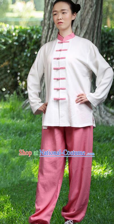 Traditional Chinese Top Linen Kung Fu Costume Martial Arts Kung Fu Training Red Plated Buttons White Uniform, Tang Suit Gongfu Shaolin Wushu Clothing, Tai Chi Taiji Teacher Suits Uniforms for Women