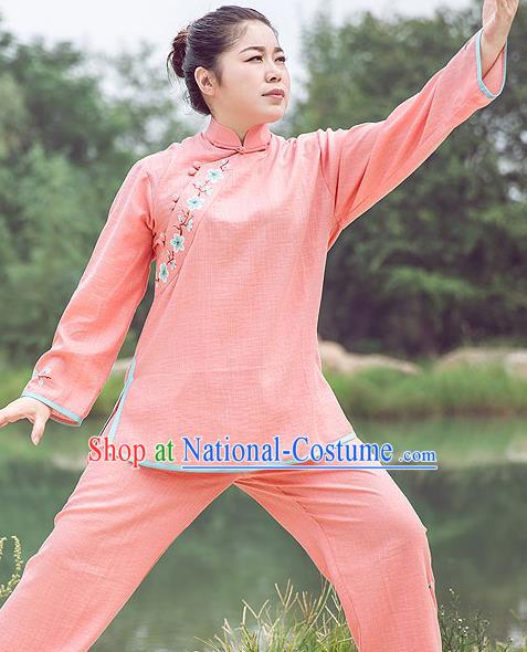 Traditional Chinese Top Gastrodia Kung Fu Costume Martial Arts Kung Fu Training Plated Buttons Hand Painted Plum Blossom Pink Uniform, Tang Suit Gongfu Shaolin Wushu Clothing, Tai Chi Taiji Teacher Suits Uniforms for Women