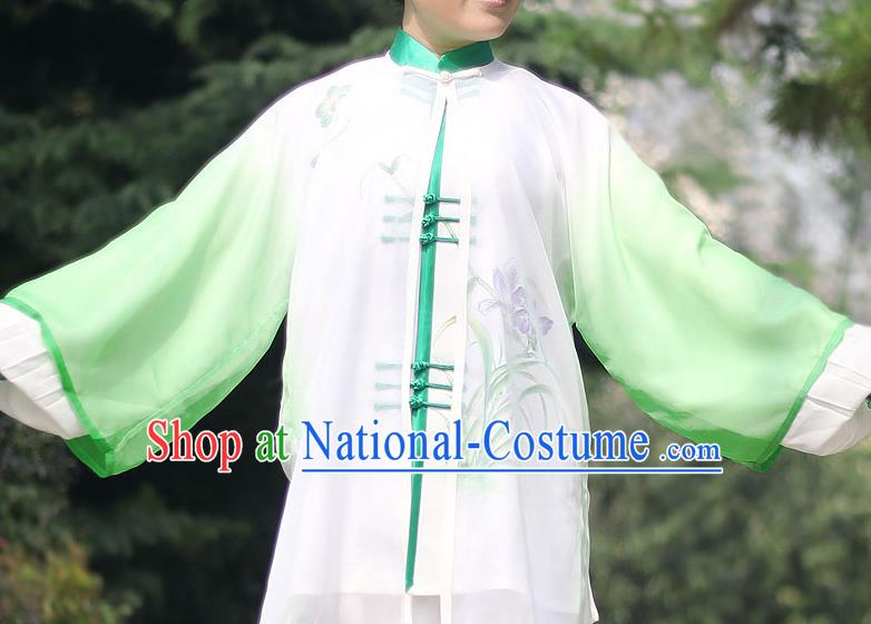 Traditional Chinese Top Gastrodia Kung Fu Costume Martial Arts Kung Fu Training Green Chiffon Marble, Tang Suit Gongfu Shaolin Wushu Clothing, Tai Chi Taiji Teacher Cardigan for Women