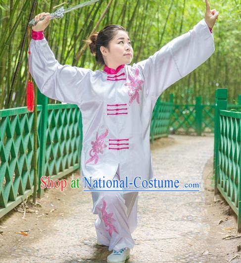 Traditional Chinese Top Stretch Silk Kung Fu Costume Martial Arts Kung Fu Training White Embroidery Uniform, Tang Suit Gongfu Shaolin Wushu Clothing, Tai Chi Taiji Teacher Suits Uniforms for Women