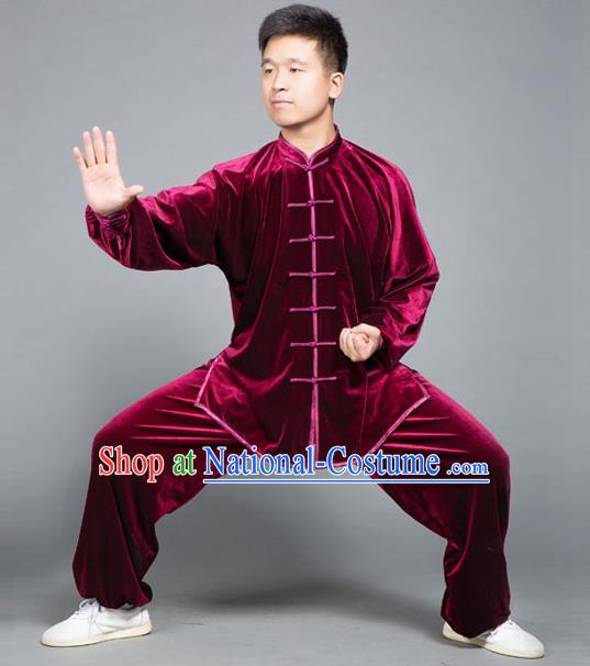 Traditional Chinese Top Gold Velvet Kung Fu Costume Martial Arts Kung Fu Training Plated Buttons Red Uniform, Tang Suit Gongfu Shaolin Wushu Clothing, Tai Chi Taiji Teacher Suits Uniforms for Men