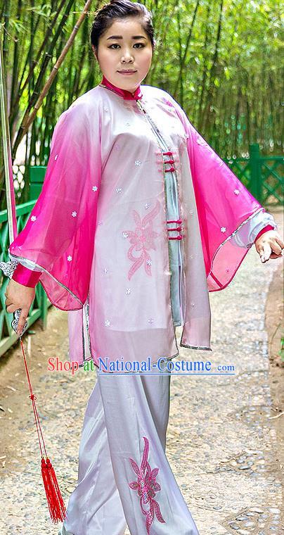 Traditional Chinese Top Stretch Silk Kung Fu Costume Martial Arts Kung Fu Training Embroidery Pink Marble Uniform, Tang Suit Gongfu Shaolin Wushu Clothing, Tai Chi Taiji Teacher Suits Uniforms for Women