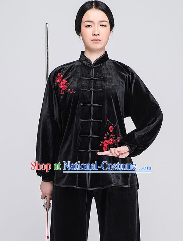 Traditional Chinese Top South Korea Velvet Kung Fu Costume Martial Arts Kung Fu Training Black Embroidered Uniform, Tang Suit Gongfu Shaolin Wushu Clothing, Tai Chi Taiji Teacher Suits Uniforms for Women