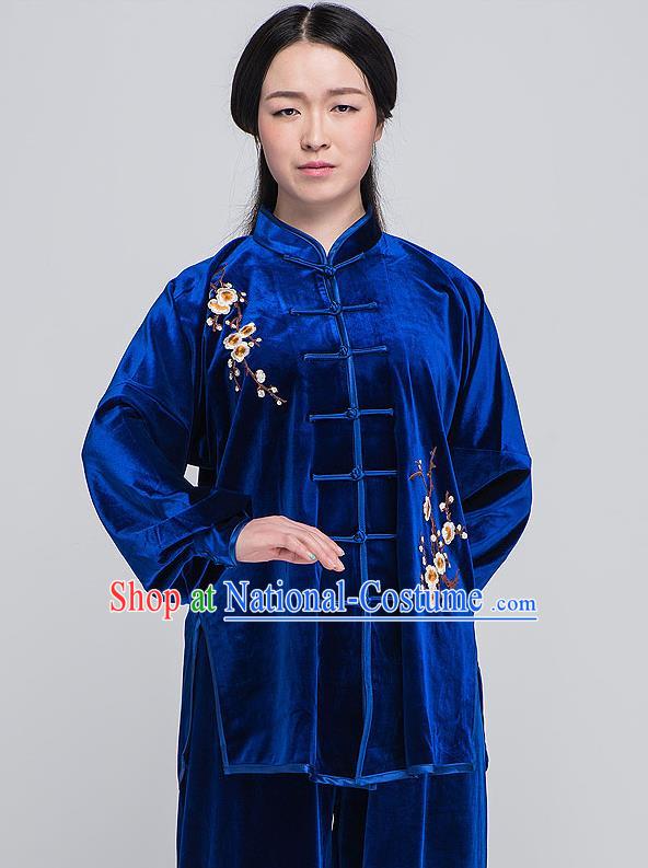 Traditional Chinese Top South Korea Velvet Kung Fu Costume Martial Arts Kung Fu Training Blue Embroidered Uniform, Tang Suit Gongfu Shaolin Wushu Clothing, Tai Chi Taiji Teacher Suits Uniforms for Women