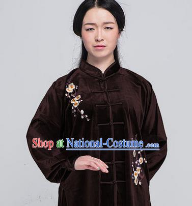 Traditional Chinese Top South Korea Velvet Kung Fu Costume Martial Arts Kung Fu Training Brown Embroidered Uniform, Tang Suit Gongfu Shaolin Wushu Clothing, Tai Chi Taiji Teacher Suits Uniforms for Women