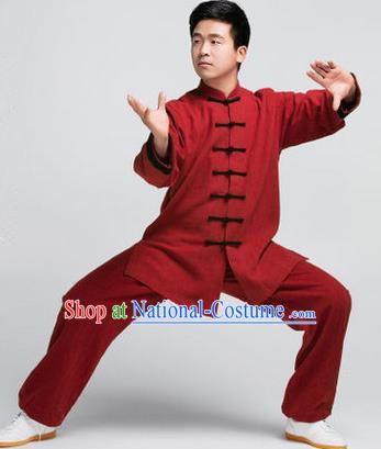 Traditional Chinese Top Muscle Hemp Kung Fu Costume Martial Arts Kung Fu Training Red Uniform, Tang Suit Gongfu Shaolin Wushu Clothing, Tai Chi Taiji Teacher Suits Uniforms for Men