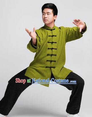 Traditional Chinese Top Muscle Hemp Kung Fu Costume Martial Arts Kung Fu Training Green Uniform, Tang Suit Gongfu Shaolin Wushu Clothing, Tai Chi Taiji Teacher Suits Uniforms for Men