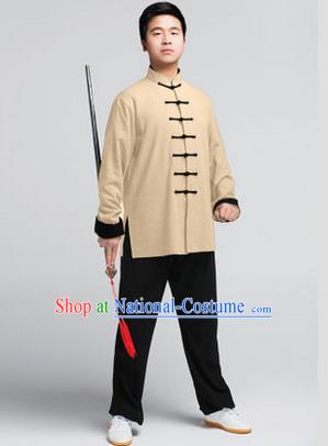 Traditional Chinese Top Muscle Hemp Kung Fu Costume Martial Arts Kung Fu Training Wheat Uniform, Tang Suit Gongfu Shaolin Wushu Clothing, Tai Chi Taiji Teacher Suits Uniforms for Men