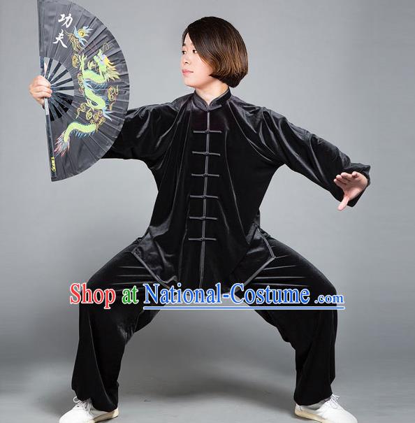 Traditional Chinese Top Gold Velvet Kung Fu Costume Martial Arts Kung Fu Training Plated Buttons Black Uniform, Tang Suit Gongfu Shaolin Wushu Clothing, Tai Chi Taiji Teacher Suits Uniforms for Women