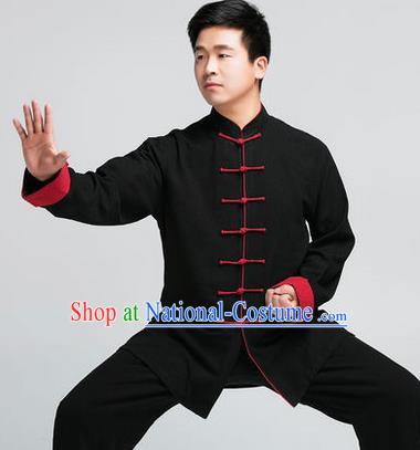 Traditional Chinese Top Muscle Hemp Kung Fu Costume Martial Arts Kung Fu Training Black Uniform, Tang Suit Gongfu Shaolin Wushu Clothing, Tai Chi Taiji Teacher Suits Uniforms for Men