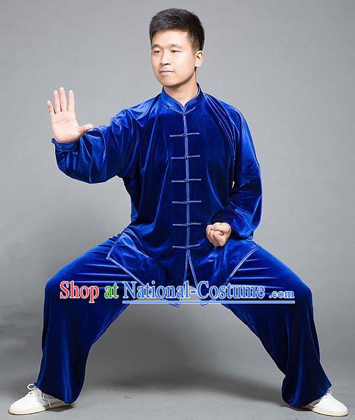 Traditional Chinese Top Gold Velvet Kung Fu Costume Martial Arts Kung Fu Training Plated Buttons Blue Uniform, Tang Suit Gongfu Shaolin Wushu Clothing, Tai Chi Taiji Teacher Suits Uniforms for Men