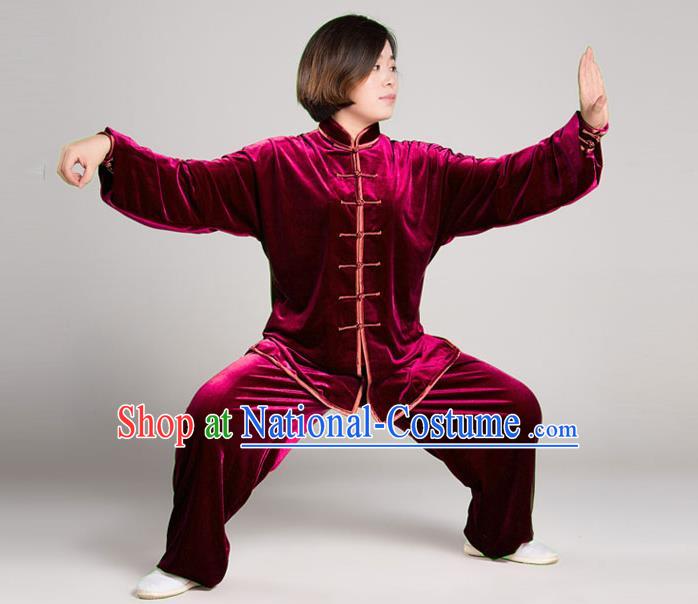 Traditional Chinese Top Gold Velvet Kung Fu Costume Martial Arts Kung Fu Training Plated Buttons Red Uniform, Tang Suit Gongfu Shaolin Wushu Clothing, Tai Chi Taiji Teacher Suits Uniforms for Women