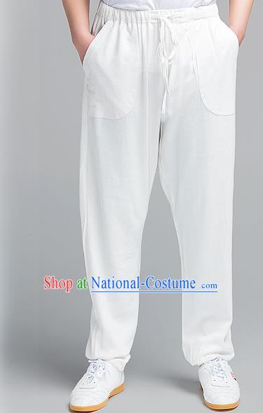 Traditional Chinese Top Muscle Hemp Kung Fu Costume Martial Arts Kung Fu Training White Pants, Tang Suit Gongfu Shaolin Wushu Plus Fours, Tai Chi Taiji Teacher Trousers for Men