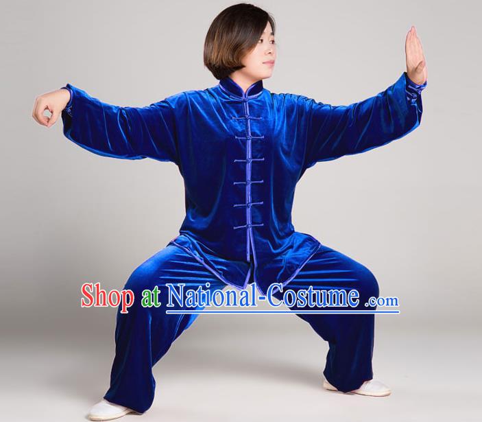 Traditional Chinese Top Gold Velvet Kung Fu Costume Martial Arts Kung Fu Training Plated Buttons Blue Uniform, Tang Suit Gongfu Shaolin Wushu Clothing, Tai Chi Taiji Teacher Suits Uniforms for Women