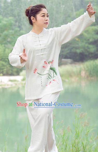 Traditional Chinese Top Gastrodia Kung Fu Costume Martial Arts Kung Fu Training Plated Buttons Hand Painted Lotus Uniform, Tang Suit Gongfu Shaolin Wushu Clothing, Tai Chi Taiji Teacher Suits Uniforms for Women