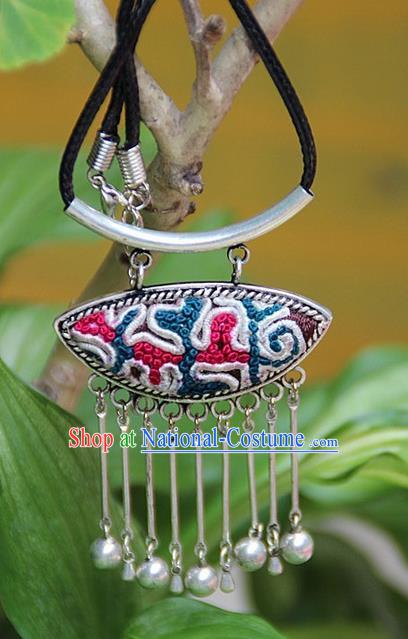 Traditional Chinese Miao Nationality Crafts, Hmong Handmade Silver Embroidery Pendant, Black Rope Necklace Bells Pendant for Women